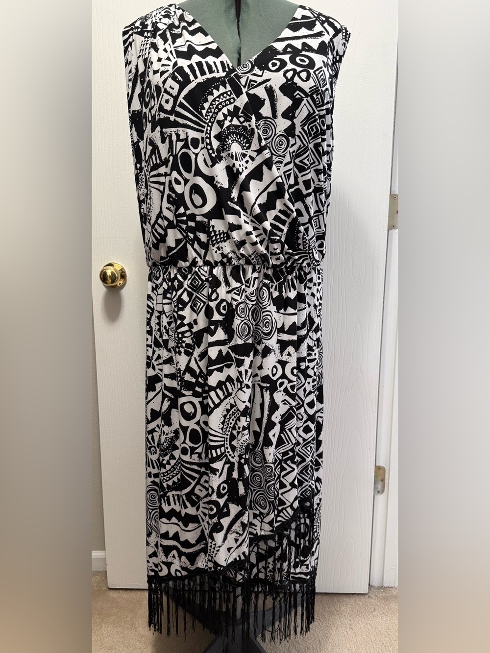 Catherines Black&White Tribal Print Fringe Hem Dress Sleeveless Faux Wrap Size5X